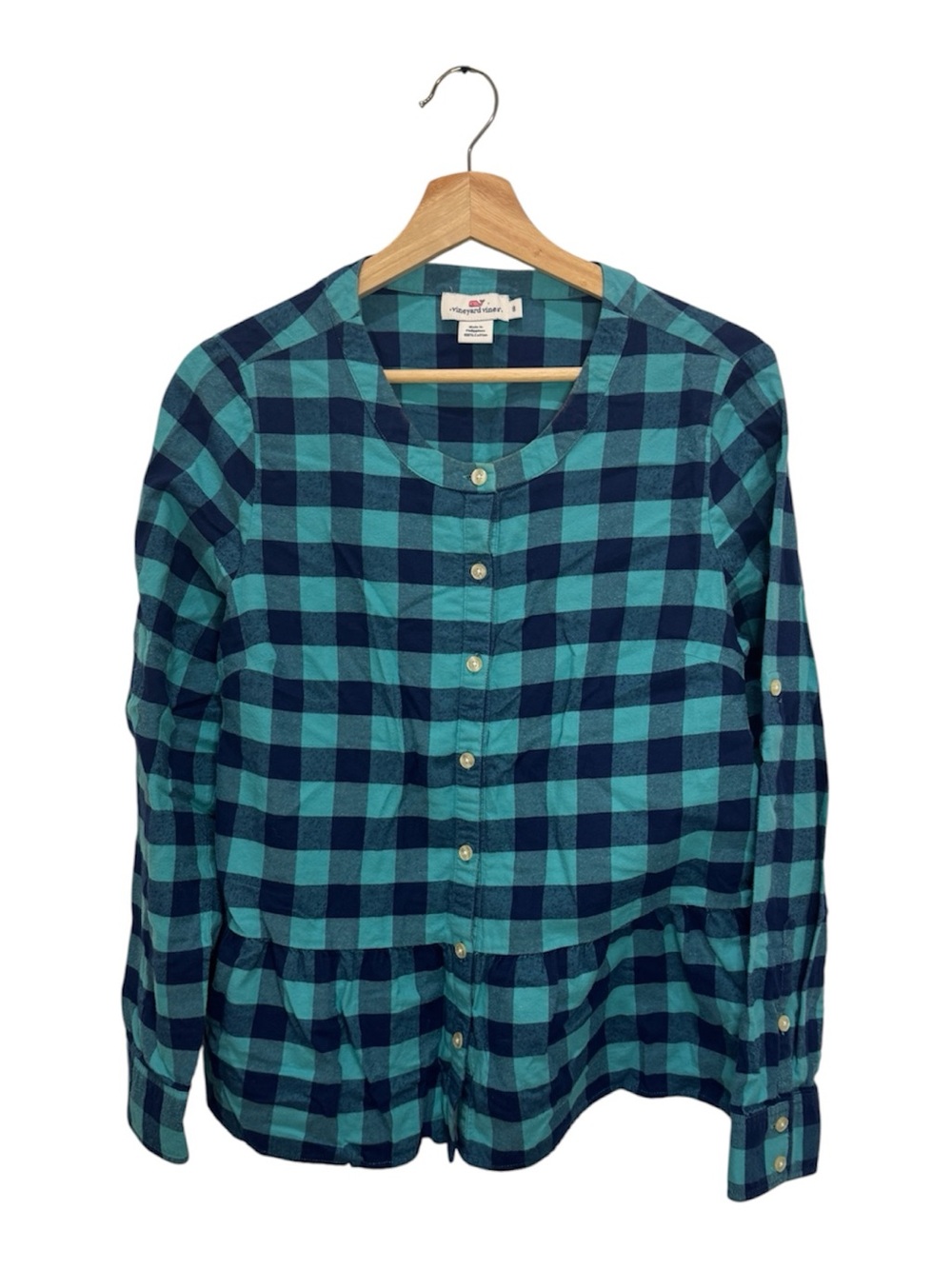 Vineyard Vines Buffalo Plaid Peplum Blouse Blue Green Size 8 Orig $98